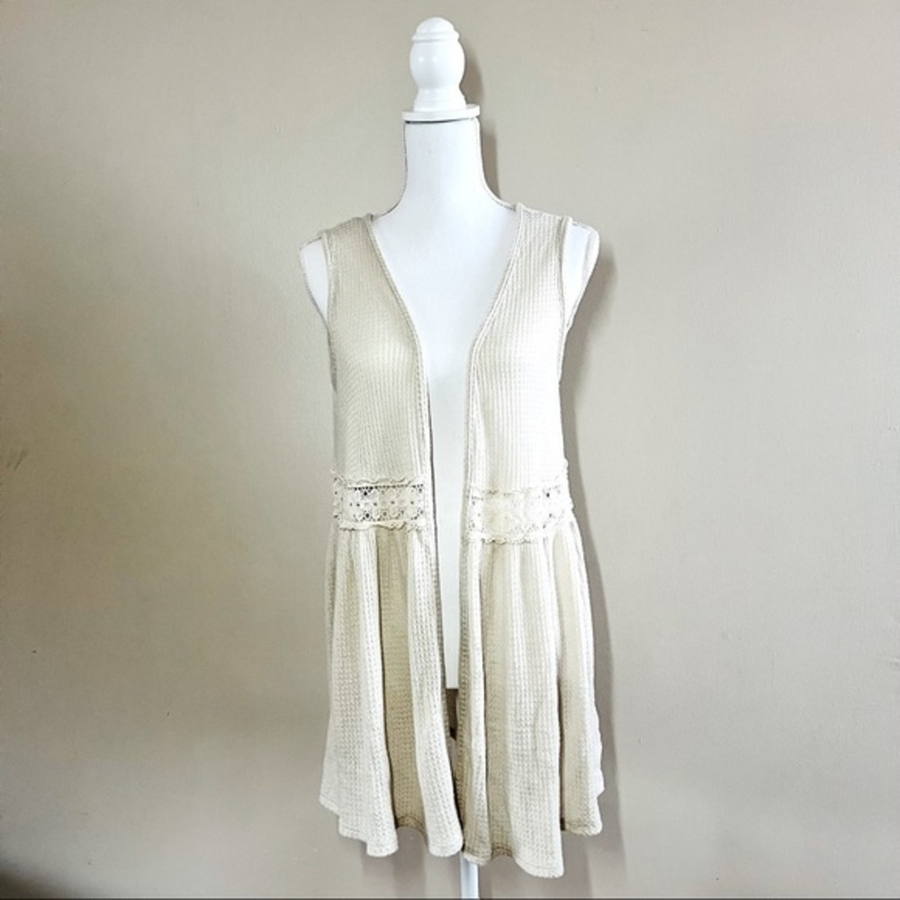 Altar’d State Long Cardigan Ivory waffle knit lace